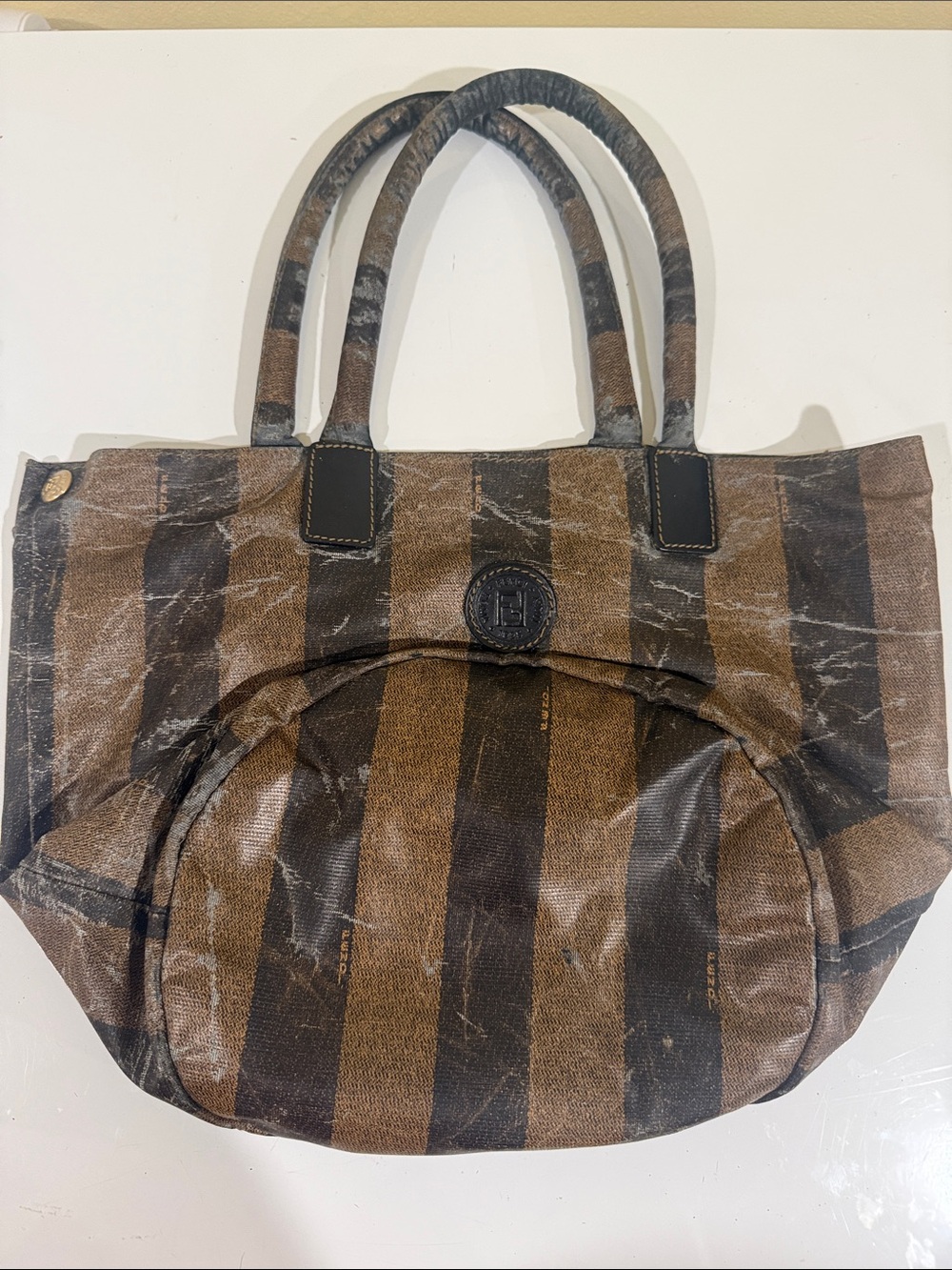 Fendi Brown and Black Striped Bucket Tote Shoulder Bag - Picture 14 of 15